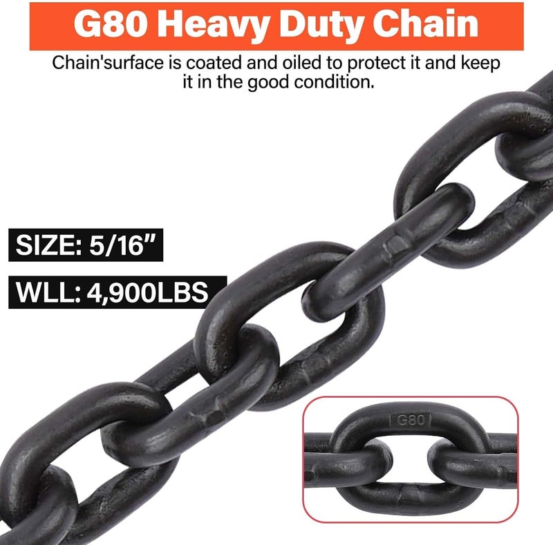 Lechansen G80 Transport Binder Chain 5/16 Inch x 10 FT, Equipped with G80 Chain Hook, Grade 80 Tow Chain with Hook for Trailer Safety Chains for Ratchet Binder, Towing, 4,900 lbs Working Load Limit - Image 3